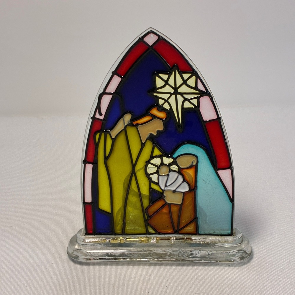 Vtg Nativity Votive Candle Holder Christmas Decor Small Multicolor Stained Glass